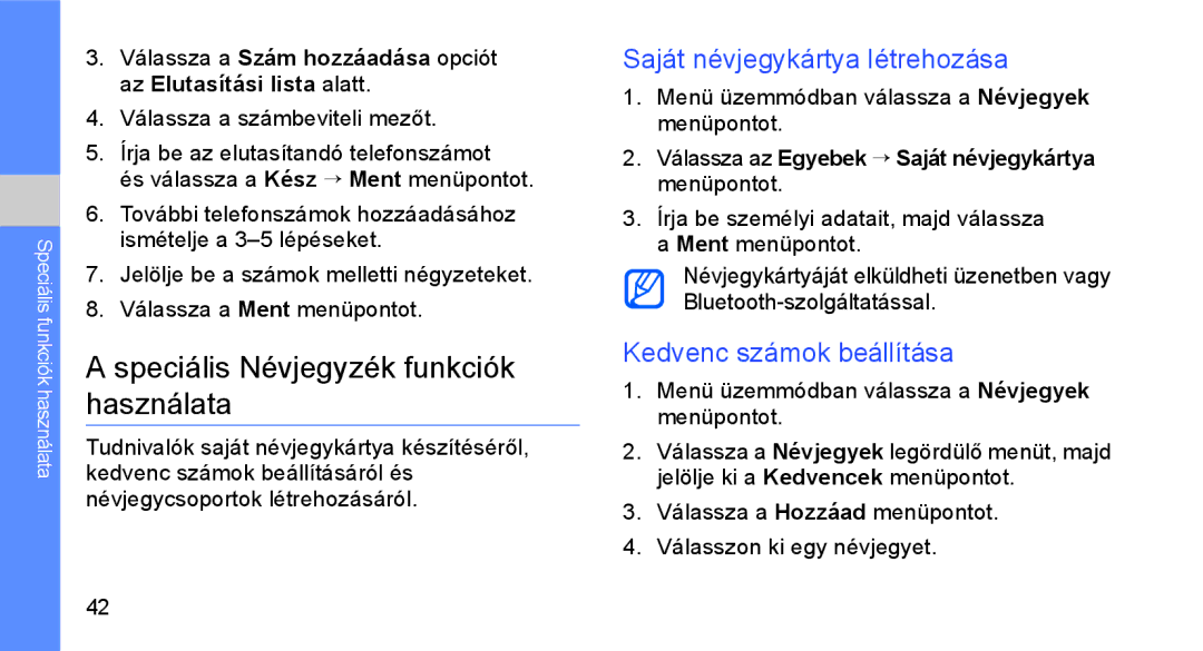 Samsung GT-S3650FOAPAN, GT-S3650TIAOPT manual Speciális Névjegyzék funkciók használata, Saját névjegykártya létrehozása 