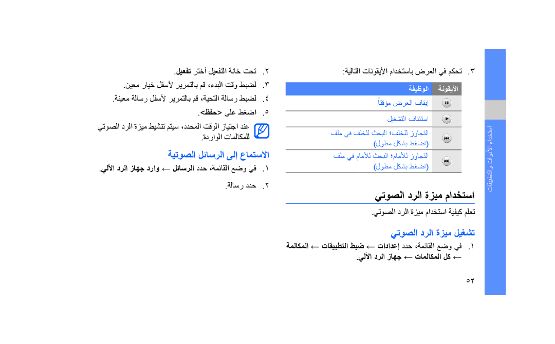 Samsung GT-S3653TIAARB, GT-S3653CWWMID manual يتوصلا درلا ةزيم مادختسا, ةيتوصلا لئاسرلا ىلإ عامتسلاا, يتوصلا درلا ةزيم ليغشت 