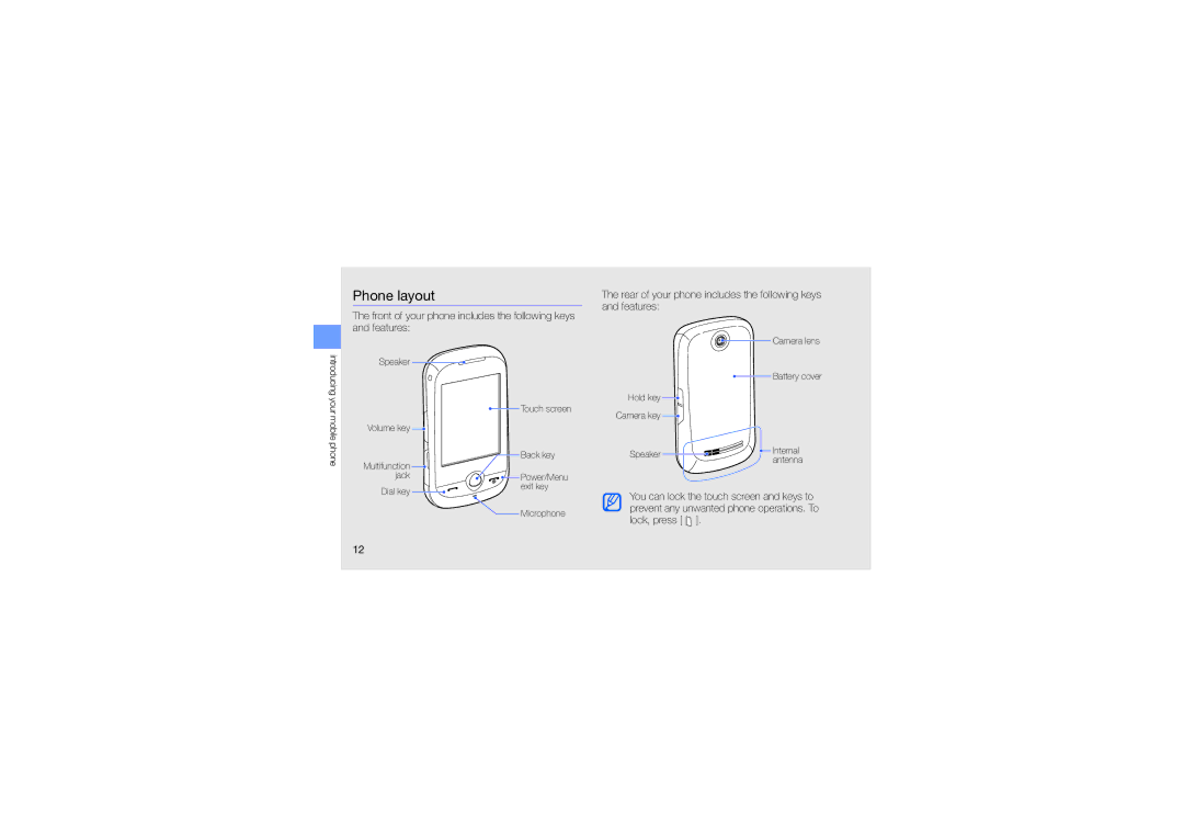 Samsung GT-S3653CYAECT, GT-S3653CWWMID manual Phone layout, Rear of your phone includes the following keys and features 