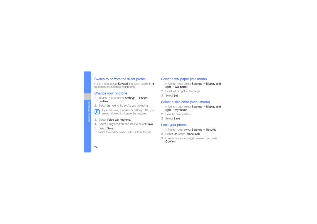 Samsung GT-S3653TIWPAK manual Switch to or from the silent profile, Change your ringtone, Select a wallpaper Idle mode 