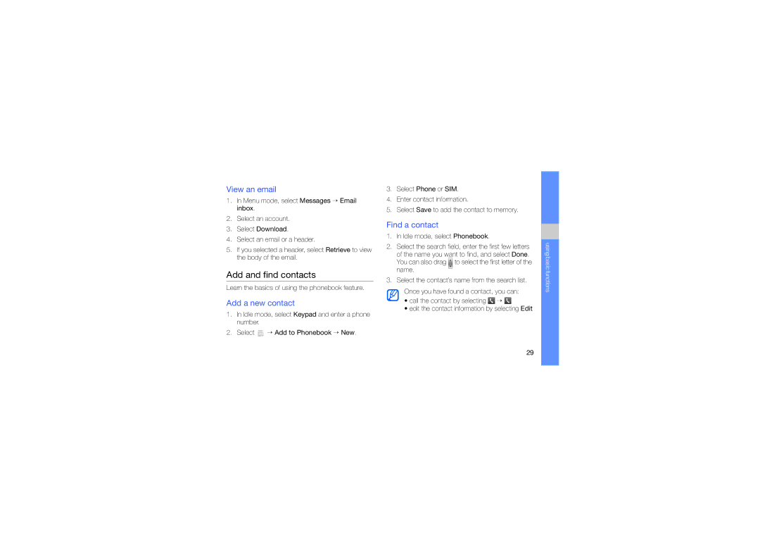 Samsung GT-S3653CWWARB, GT-S3653CWWMID manual Add and find contacts, View an email, Add a new contact, Find a contact 