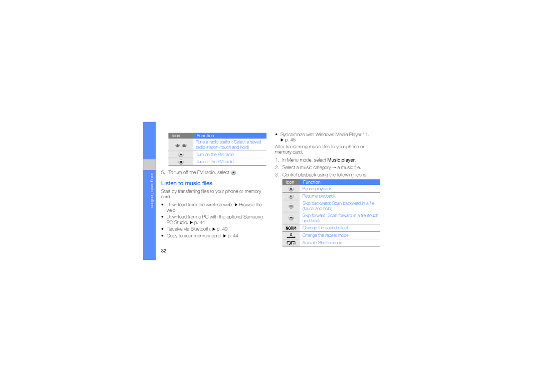 Samsung GT-S3653CWWMMC, GT-S3653CWWMID, GT-S3653CYAMED manual Listen to music files, To turn off the FM radio, select 