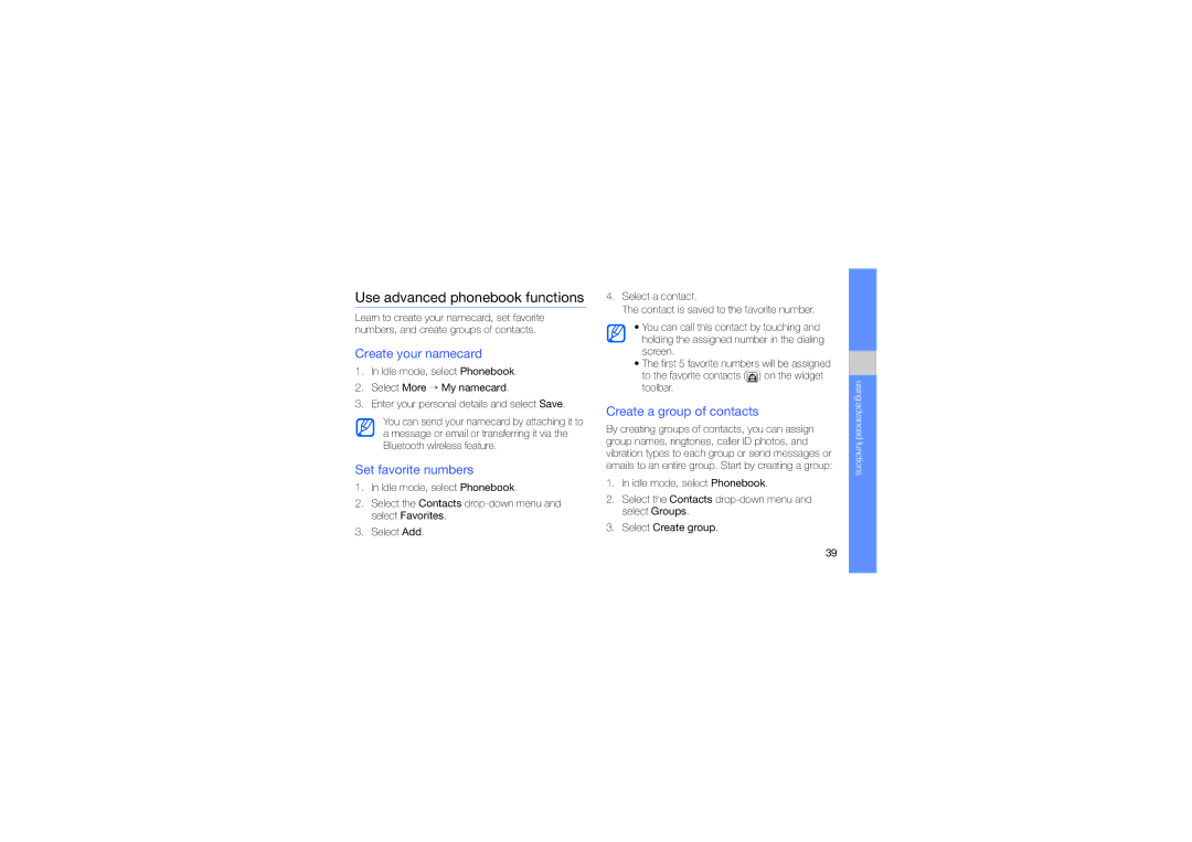 Samsung GT-S3653CYWMMC, GT-S3653CWWMID manual Use advanced phonebook functions, Create your namecard, Set favorite numbers 