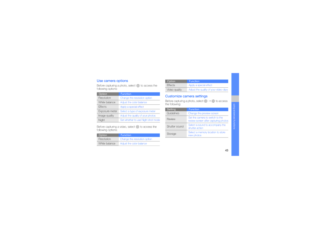 Samsung GT-S3653FOATUN, GT-S3653CWWMID, GT-S3653CYAMED manual Use camera options, Customize camera settings, Review, Storage 