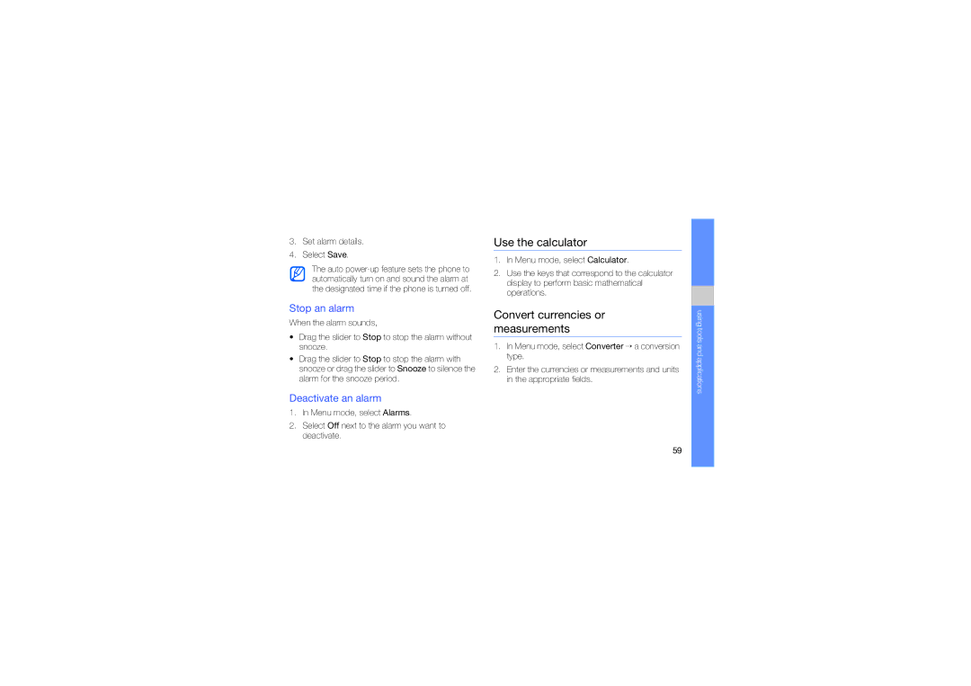 Samsung GT-S3653CYWXSG manual Use the calculator, Convert currencies or measurements, Stop an alarm, Deactivate an alarm 