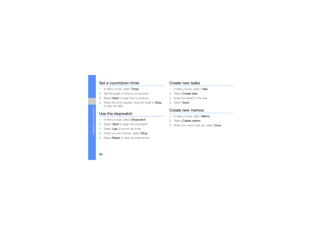 Samsung GT-S3653ENWEGY, GT-S3653CWWMID manual Set a countdown timer, Use the stopwatch, Create new tasks, Create new memos 