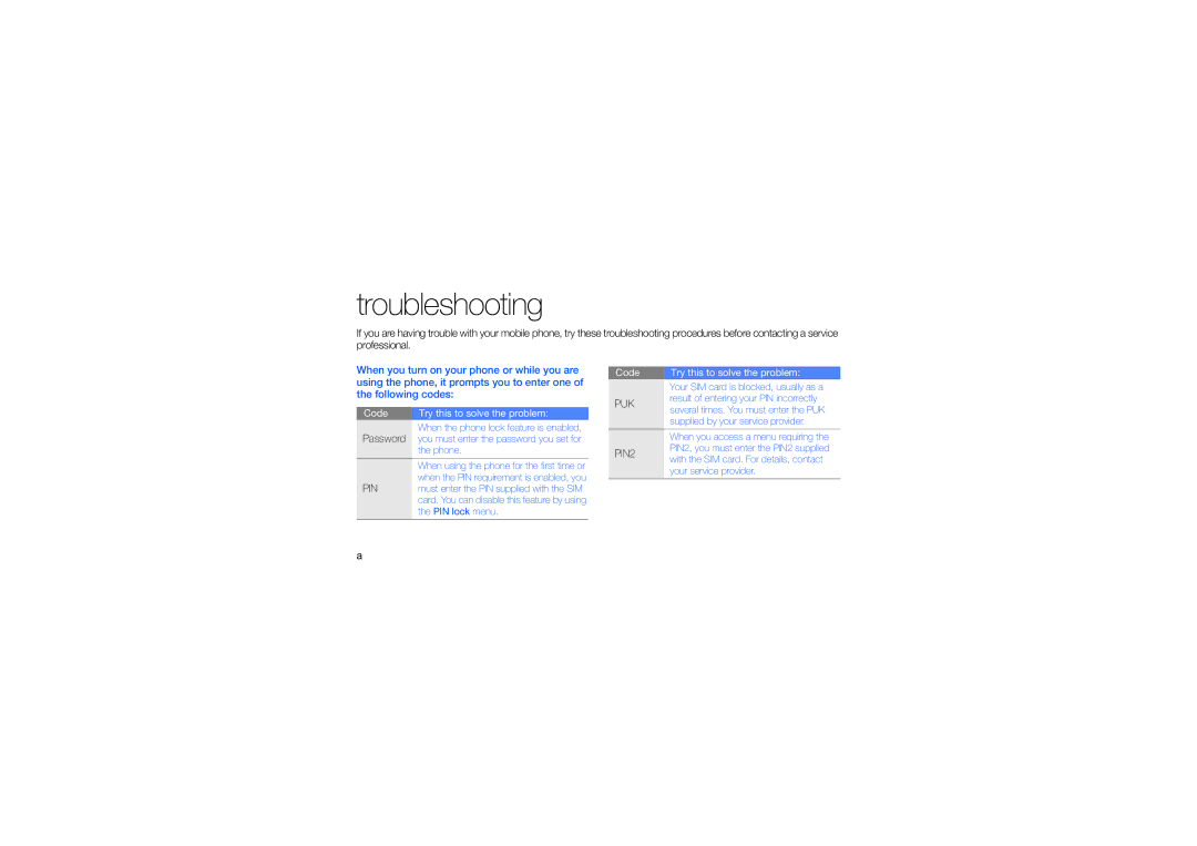 Samsung GT-S3653FOAMID, GT-S3653CWWMID, GT-S3653CYAMED, GT-S3653CYATUN, GT-S3653CYWAFR, GT-S3653ENATMC manual Troubleshooting 