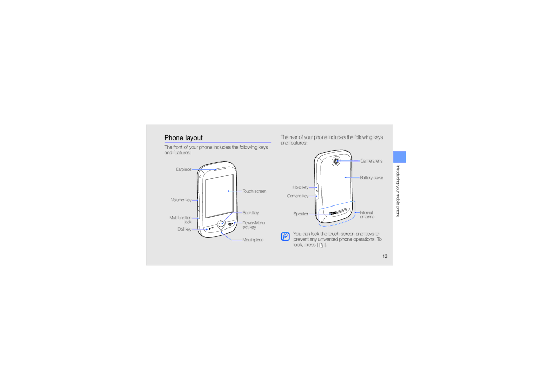 Samsung GT-S3653CYWKSA, GT-S3653CWWMID manual Phone layout, Rear of your phone includes the following keys and features 