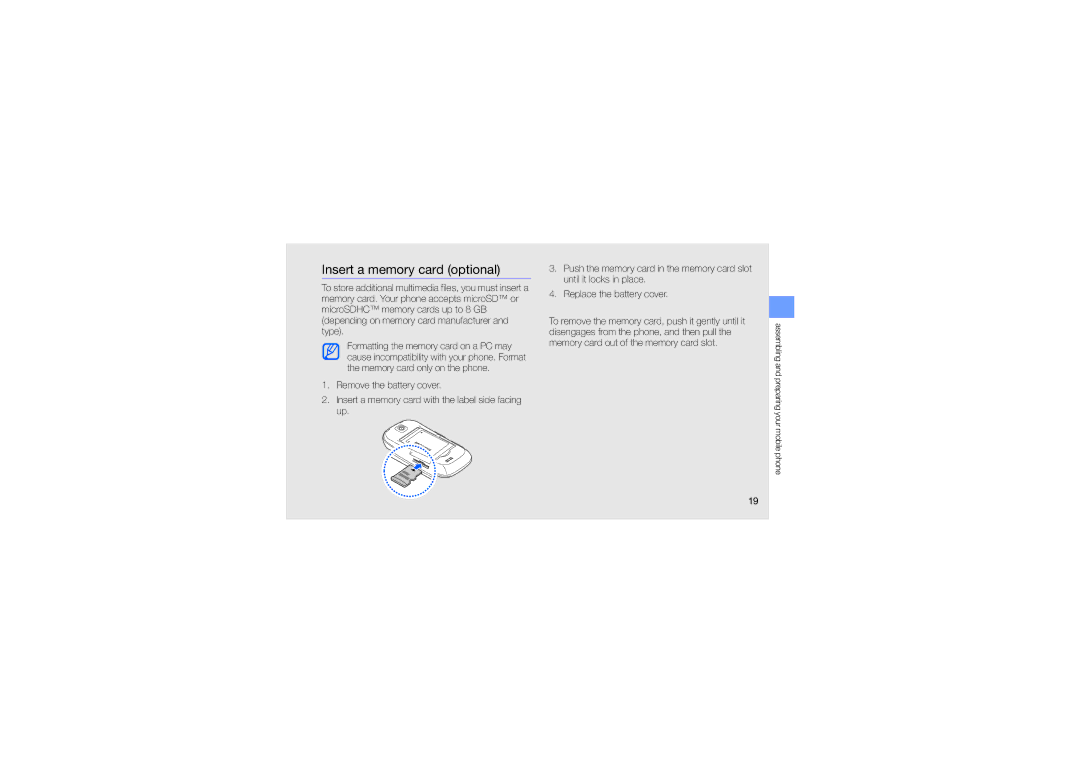 Samsung GT-S3653KKAXSG, GT-S3653CWWMID, GT-S3653CYAMED, GT-S3653CYATUN, GT-S3653CYWAFR manual Insert a memory card optional 