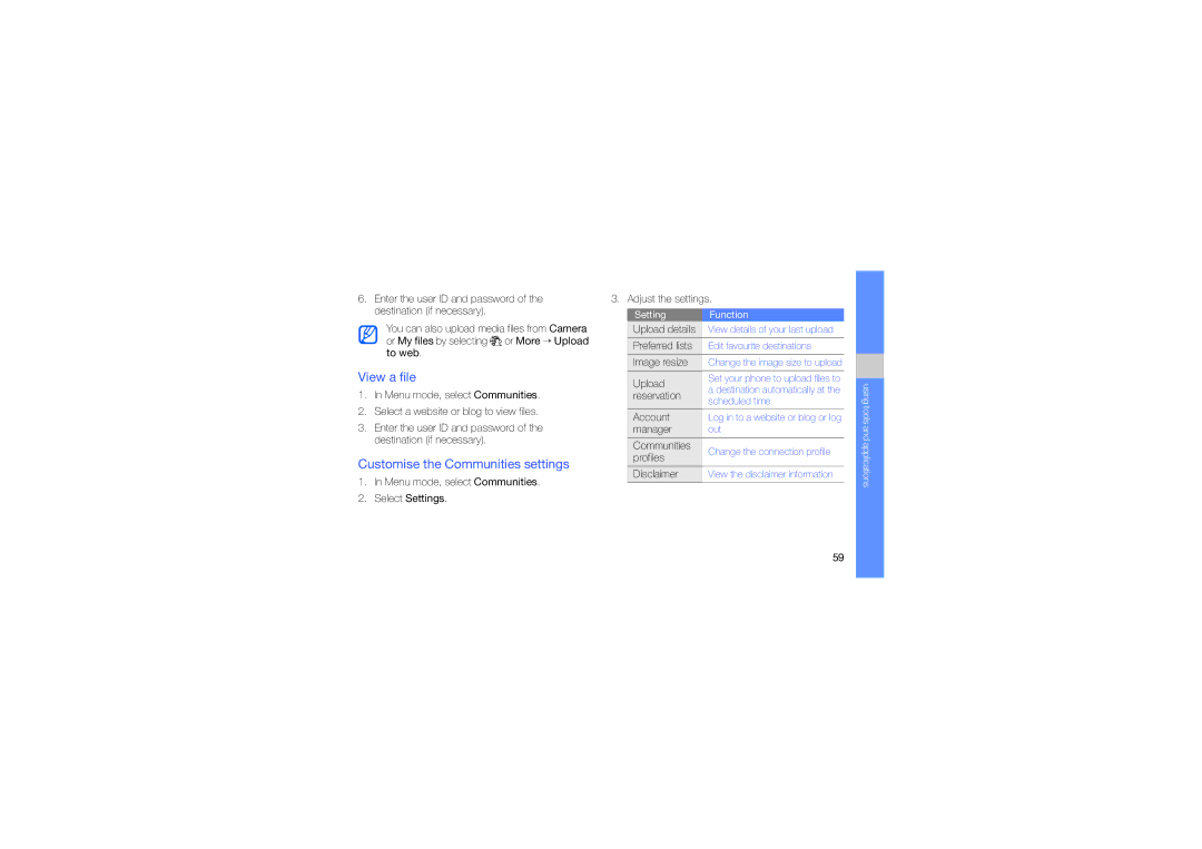 Samsung GT-S3653CYWXSG, GT-S3653CWWMID, GT-S3653CYAMED, GT-S3653CYATUN manual View a file, Customise the Communities settings 