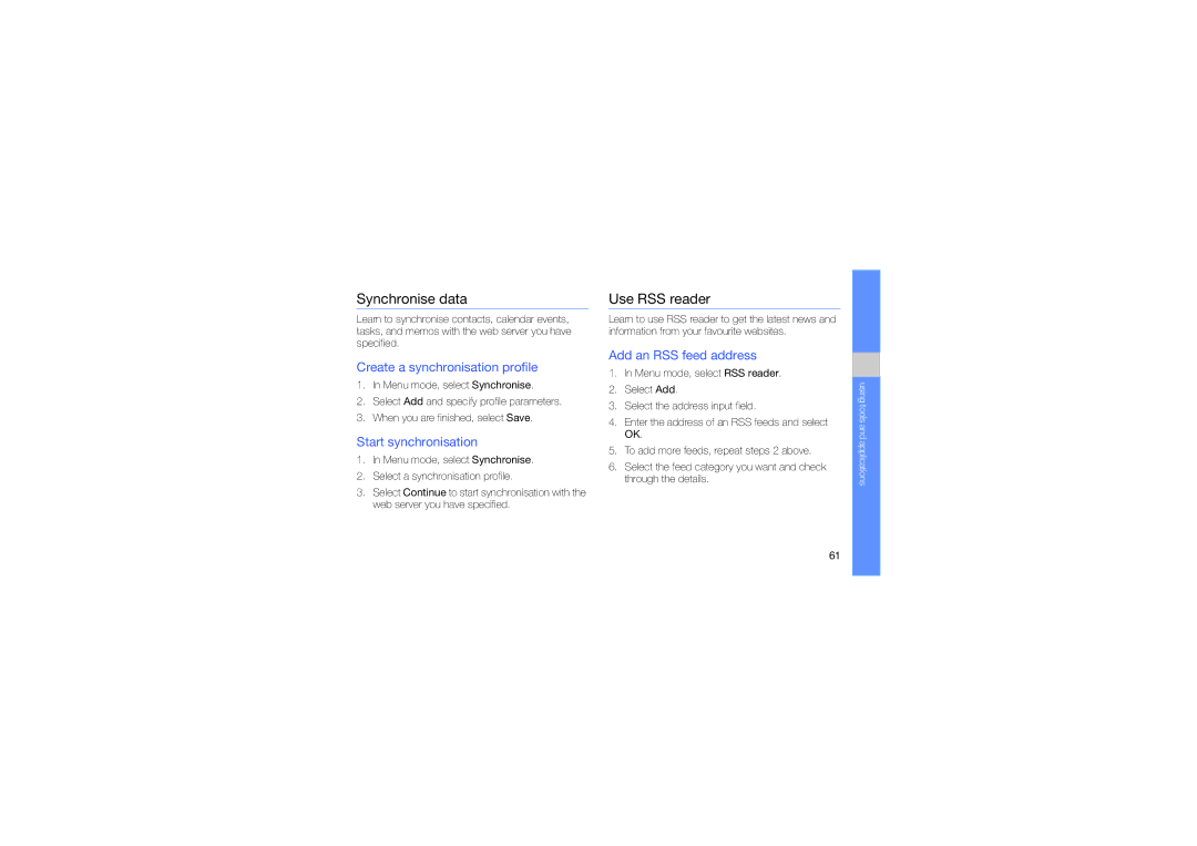 Samsung GT-S3653FOAECT manual Synchronise data, Use RSS reader, Create a synchronisation profile, Start synchronisation 