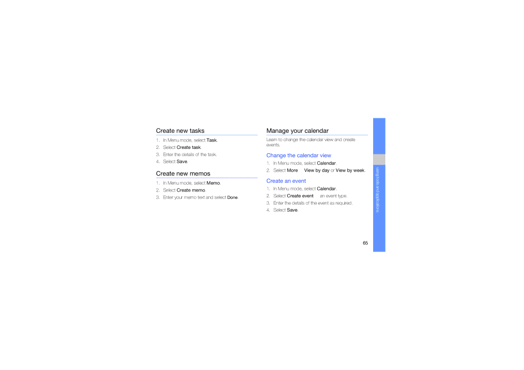 Samsung GT-S3653HBWAFR Create new tasks, Create new memos, Manage your calendar, Change the calendar view, Create an event 