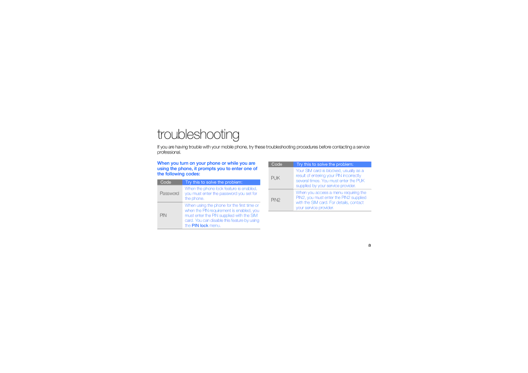 Samsung GT-S3653TIAAWF, GT-S3653CWWMID, GT-S3653CYAMED, GT-S3653CYATUN, GT-S3653CYWAFR, GT-S3653ENATMC manual Troubleshooting 