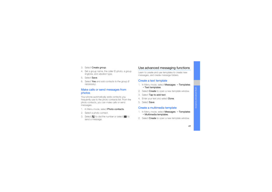 Samsung GT-S3653ENATHR Use advanced messaging functions, Make calls or send messages from photos, Create a text template 