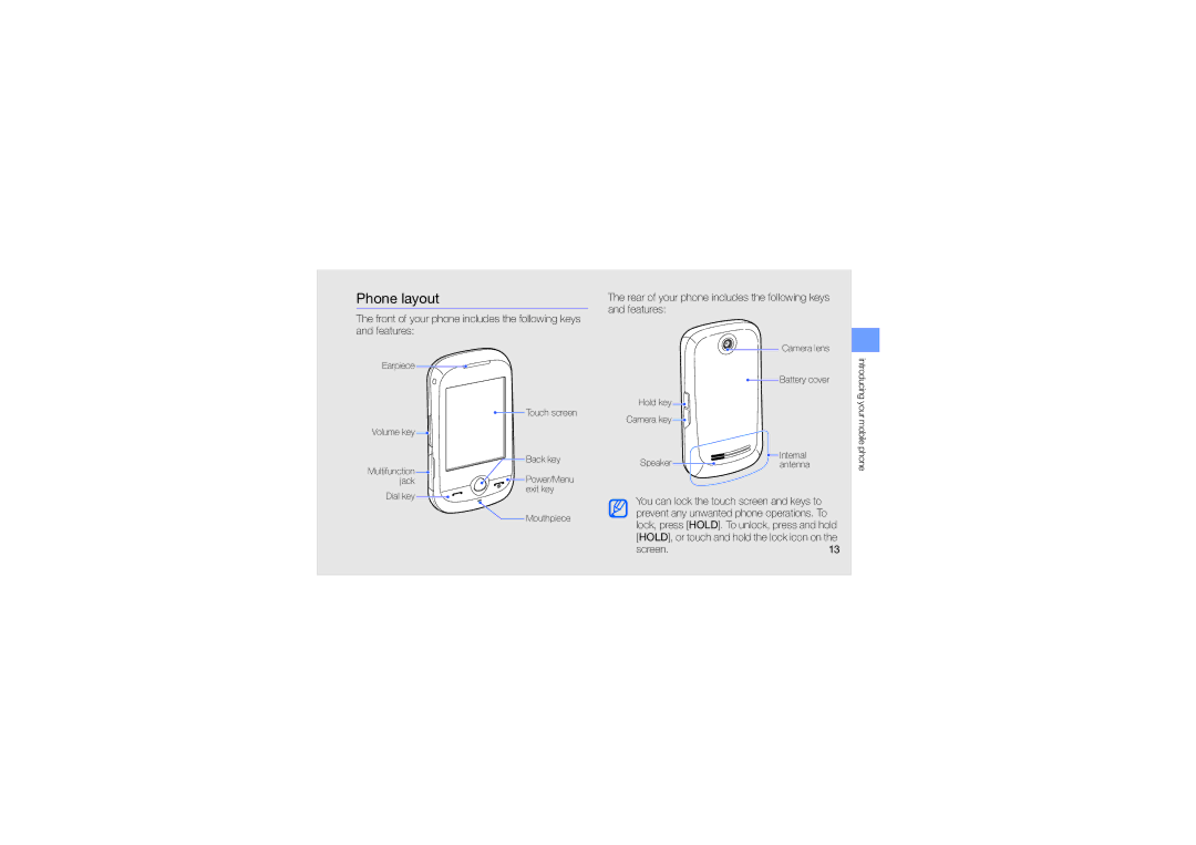 Samsung GT-S3653CYWKSA manual Phone layout, Rear of your phone includes the following keys and features, Screen.13 