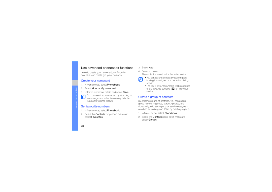 Samsung GT-S3653ENAEGY, GT-S3653CWWMID manual Use advanced phonebook functions, Create your namecard, Set favourite numbers 