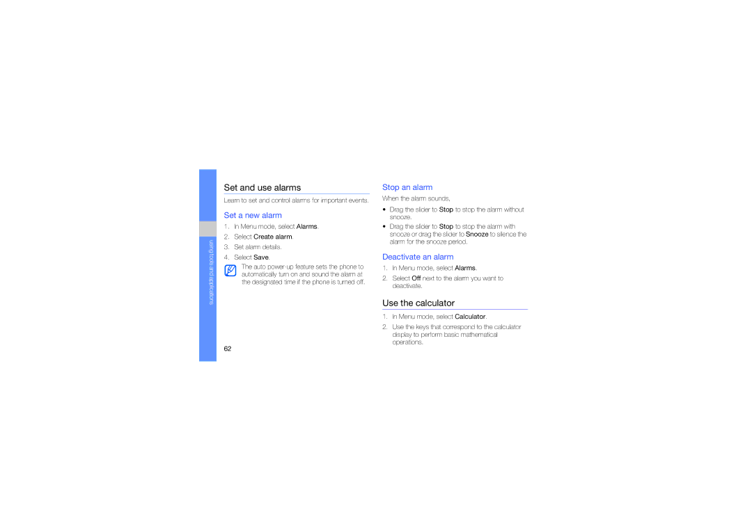 Samsung GT-S3653FOAMID manual Set and use alarms, Use the calculator, Set a new alarm, Stop an alarm, Deactivate an alarm 