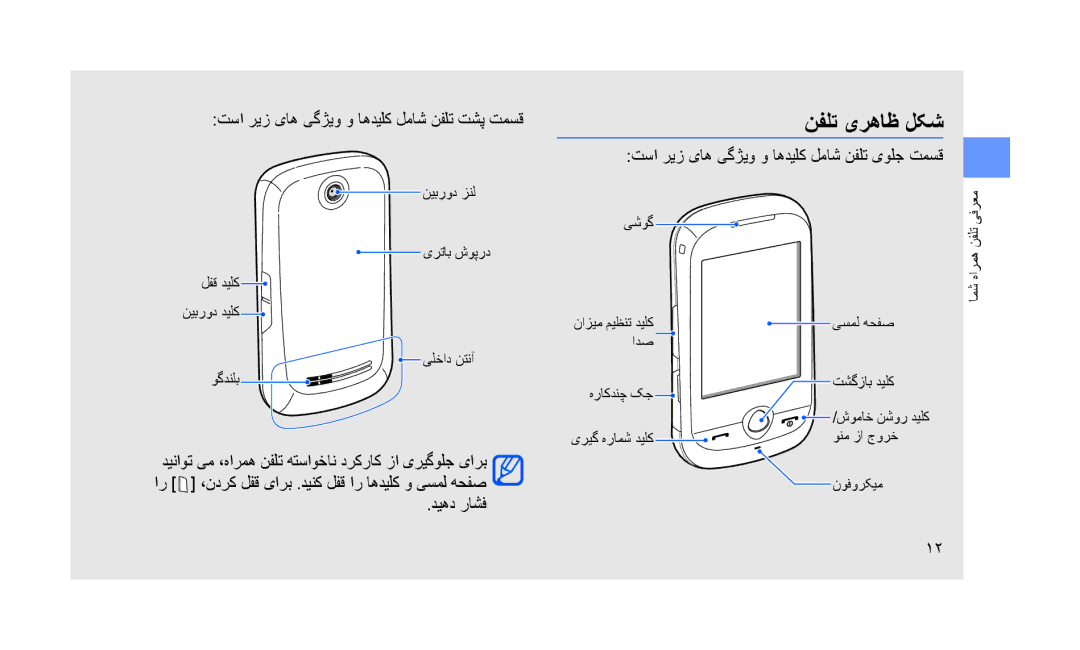 Samsung GT-S3653CYAECT, GT-S3653CWWMID manual نفلت یرهاظ لکش, تسا ریز یاه یگژیو و اهدیلک لماش نفلت تشپ تمسق, دیهد راشف 