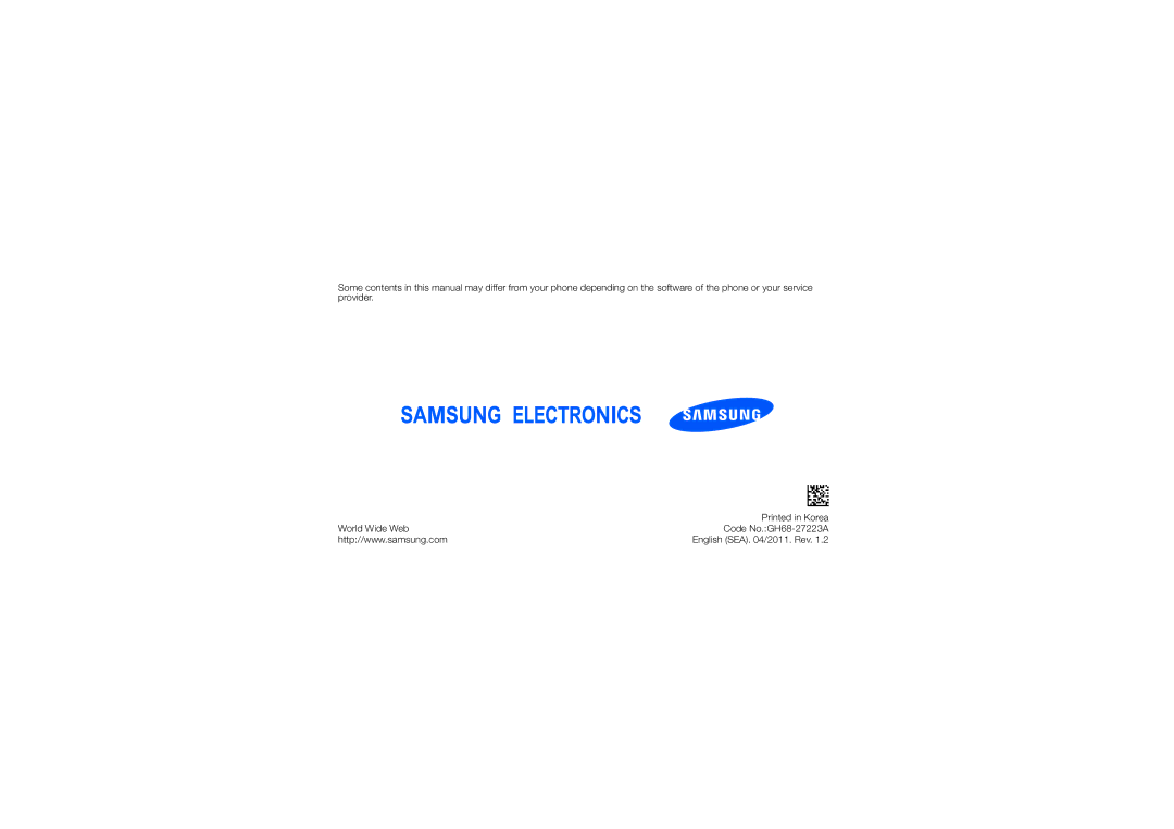 Samsung GT-S3653CYWAFR, GT-S3653CWWMID, GT-S3653ENWXSG, GT-S3653FOWABS, GT-S3653KKWEGY manual English SEA /2011. Rev 