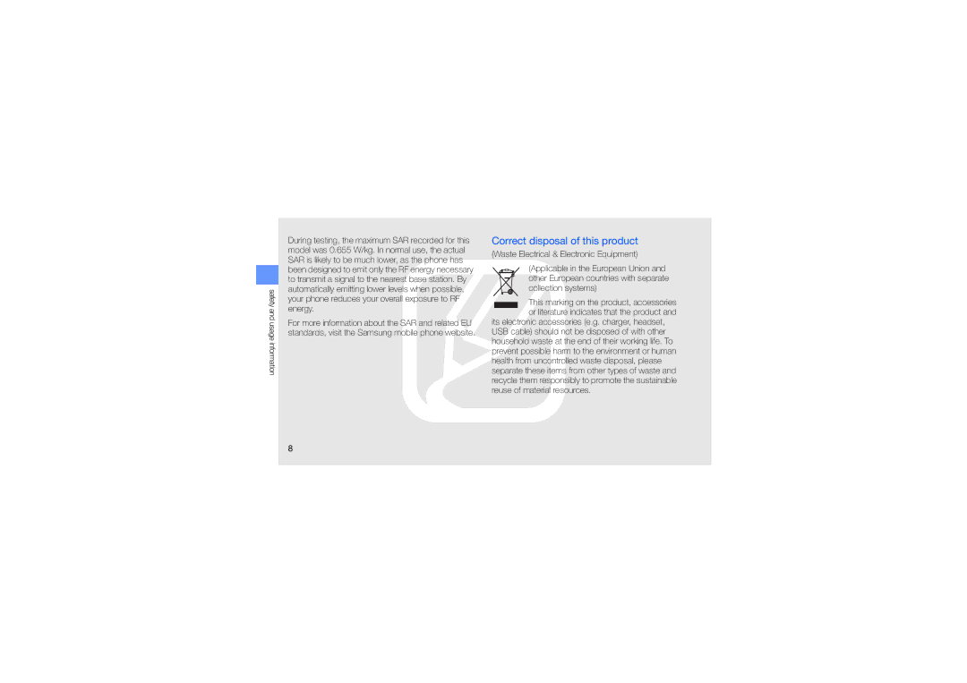 Samsung GT-S3653CWWKSA, GT-S3653CWWMID, GT-S3653CYWAFR, GT-S3653ENWXSG, GT-S3653FOWABS manual Correct disposal of this product 