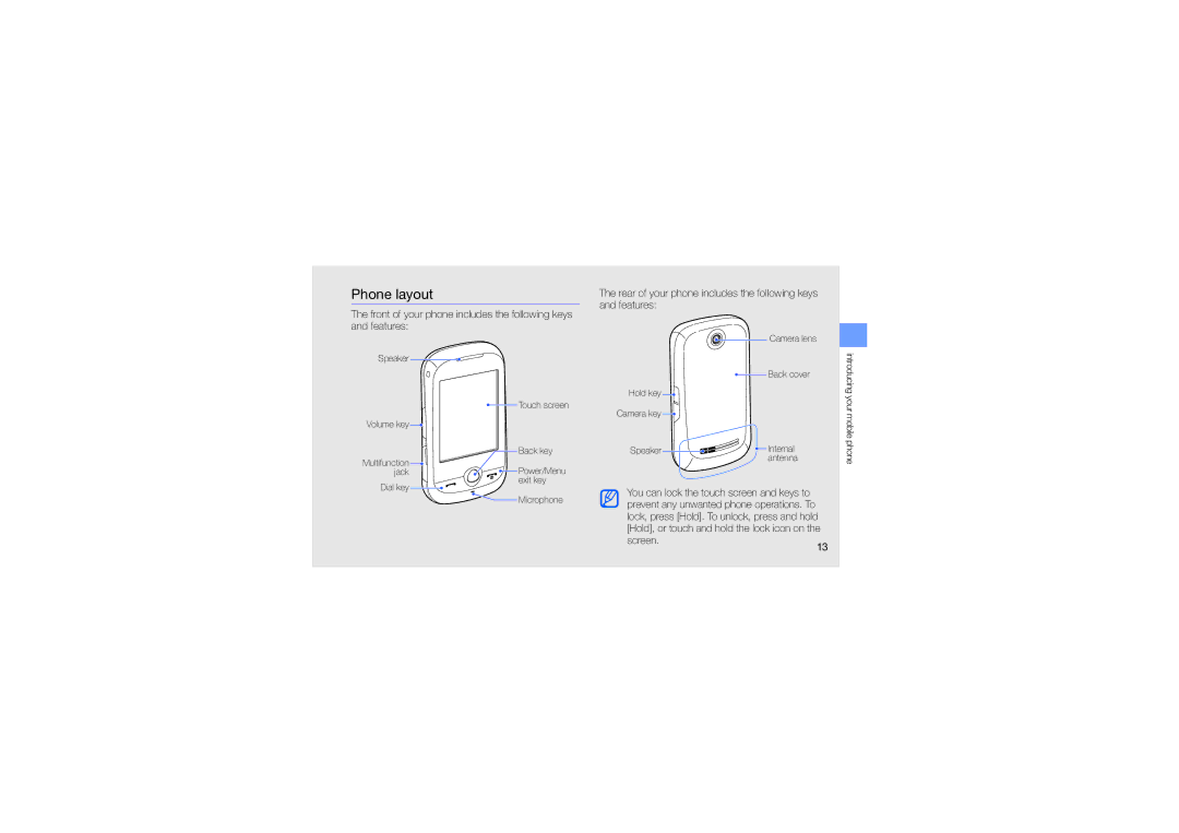 Samsung GT-S3653CYWMMC, GT-S3653CWWMID Phone layout, Rear of your phone includes the following keys and features, Screen 