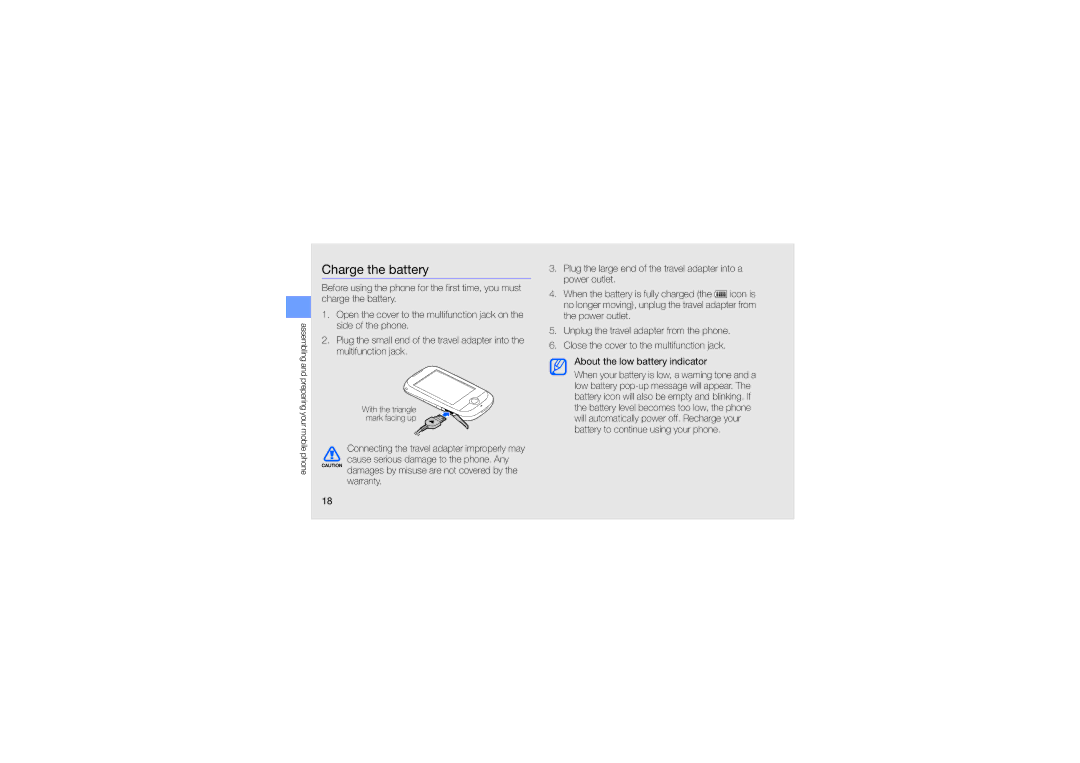 Samsung GT-S3653KKWAFR, GT-S3653CWWMID, GT-S3653CYWAFR, GT-S3653ENWXSG, GT-S3653FOWABS, GT-S3653KKWEGY manual Charge the battery 