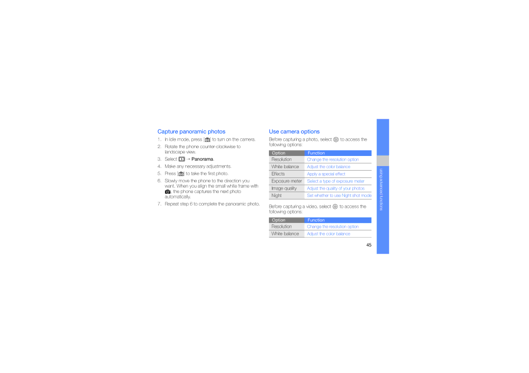 Samsung GT-S3653FOWARB, GT-S3653CWWMID, GT-S3653CYWAFR, GT-S3653ENWXSG manual Capture panoramic photos, Use camera options 
