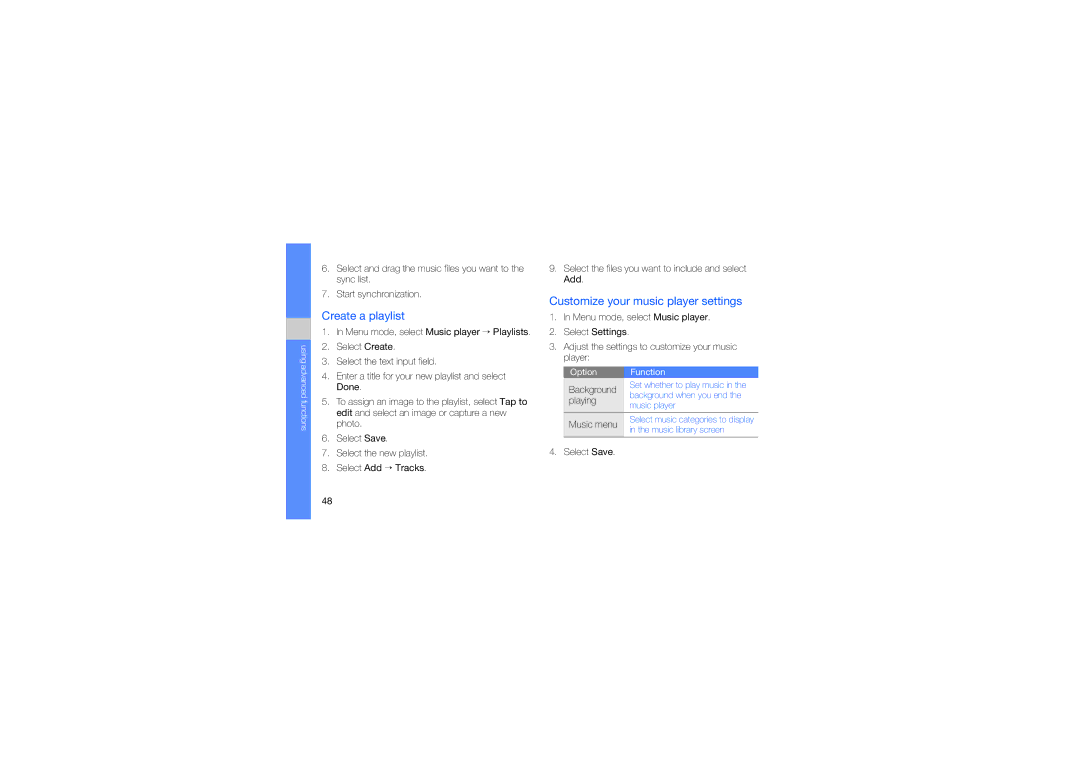 Samsung GT-S3653HBWXSG manual Create a playlist, Customize your music player settings, Background, Playing, Music menu 