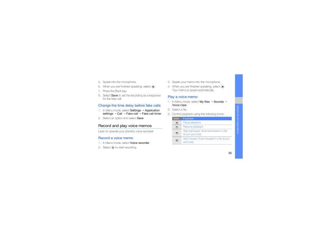 Samsung GT-S3653CYWMID manual Record and play voice memos, Change the time delay before fake calls, Record a voice memo 