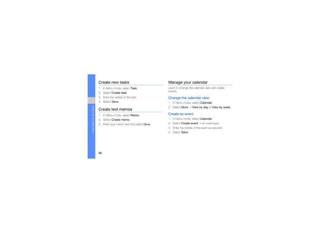 Samsung GT-S3653ENWXEV, GT-S3653CWWMID Create new tasks, Create text memos, Manage your calendar, Change the calendar view 