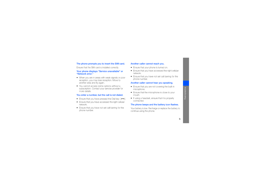 Samsung GT-S3653HBWXXV, GT-S3653CWWMID, GT-S3653CYWAFR, GT-S3653ENWXSG manual Ensure that the SIM card is installed correctly 