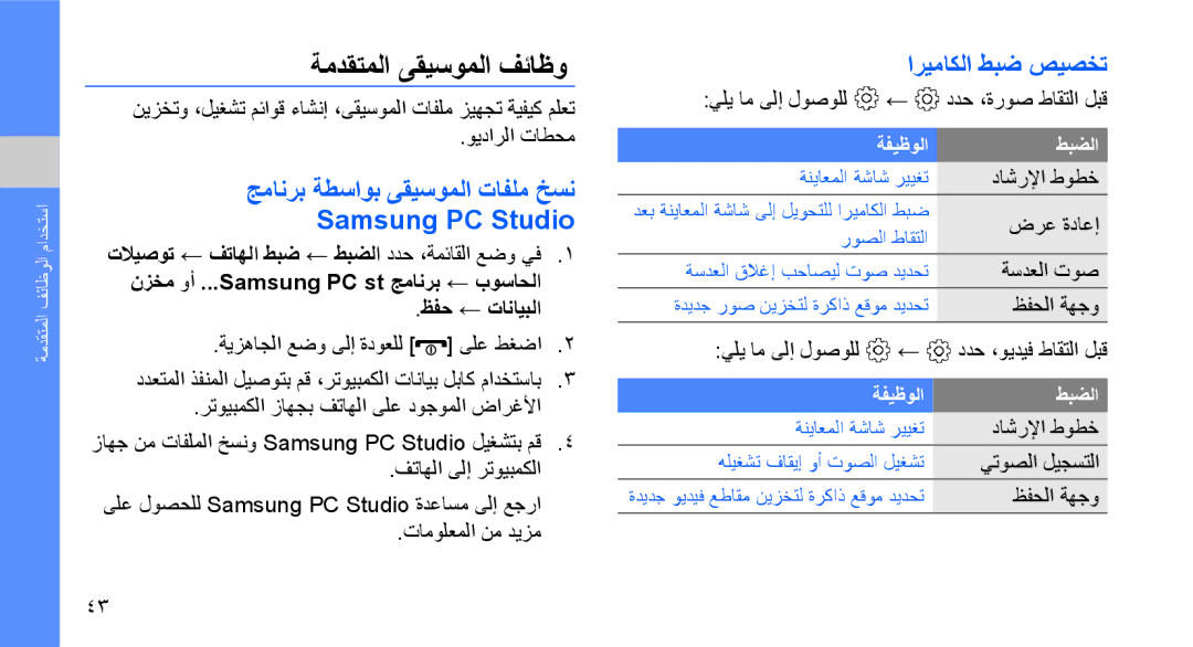 Samsung GT-S3653CYWJED ةمدقتملا ىقيسوملا فئاظو, جمانرب ةطساوب ىقيسوملا تافلم خسن Samsung PC Studio, اريماكلا طبض صيصخت 