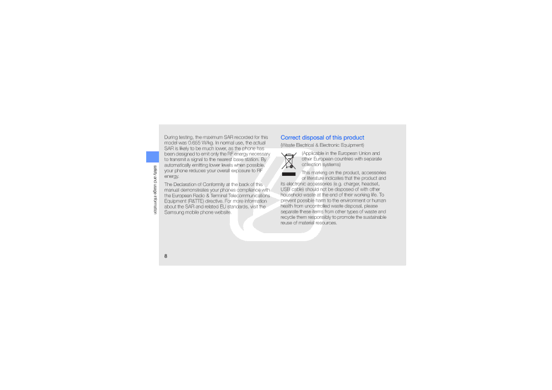 Samsung GT-S3653CWWKSA, GT-S3653CWWMID, GT-S3653CYWAFR, GT-S3653ENWXSG, GT-S3653FOWABS manual Correct disposal of this product 