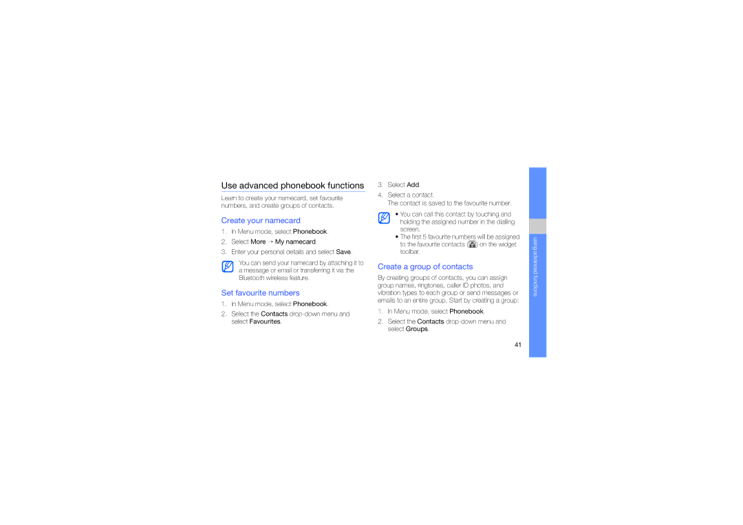 Samsung GT-S3653CWWEGY, GT-S3653CWWMID manual Use advanced phonebook functions, Create your namecard, Set favourite numbers 