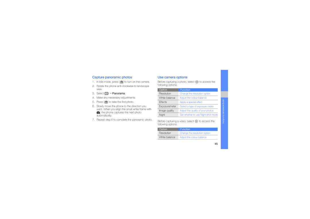 Samsung GT-S3653FOWARB, GT-S3653CWWMID, GT-S3653CYWAFR, GT-S3653ENWXSG manual Capture panoramic photos, Use camera options 