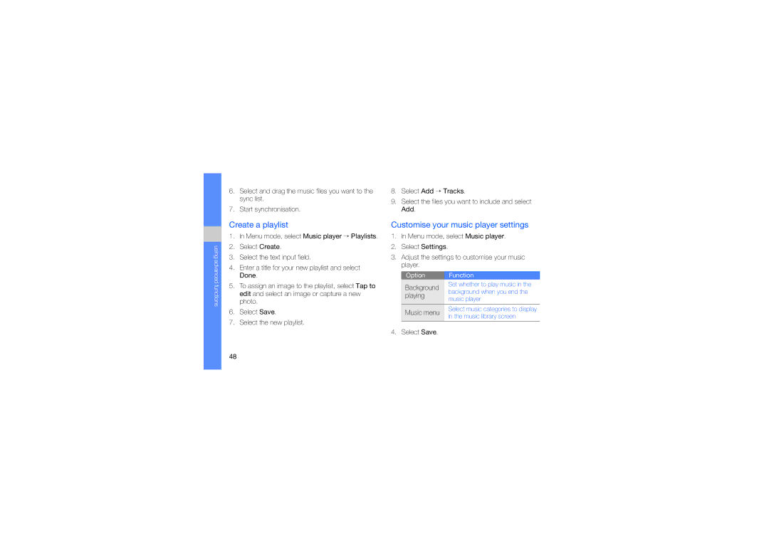 Samsung GT-S3653HBWXSG manual Create a playlist, Customise your music player settings, Background, Playing, Music menu 