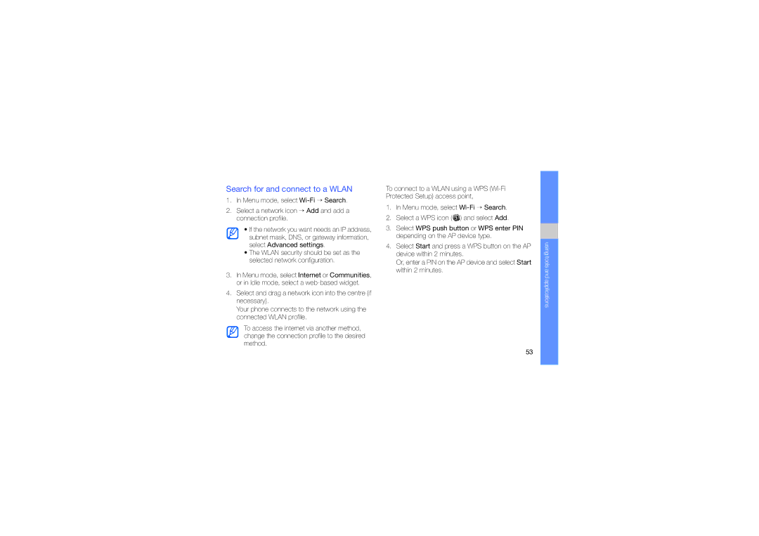 Samsung GT-S3653TIWJED, GT-S3653CWWMID, GT-S3653CYWAFR, GT-S3653ENWXSG, GT-S3653FOWABS manual Search for and connect to a Wlan 