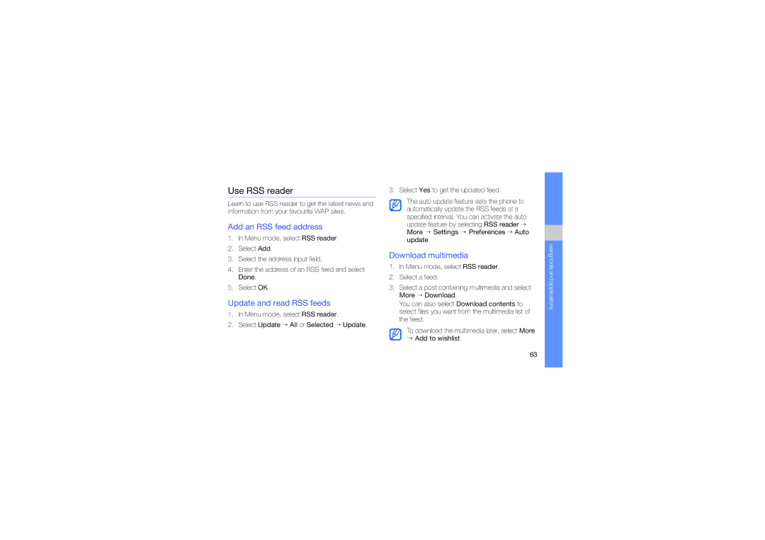 Samsung GT-S3653HBWXEV manual Use RSS reader, Add an RSS feed address, Update and read RSS feeds, Download multimedia 