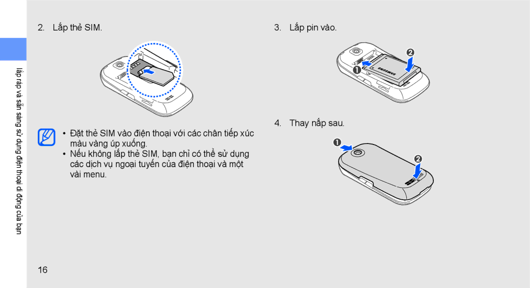 Samsung GT-S3653CYWXXV, GT-S3653CWWXXV, GT-S3653TIWXXV manual Lắp ráp và sẵn sàng sử dụng điện thoại di động của bạn 