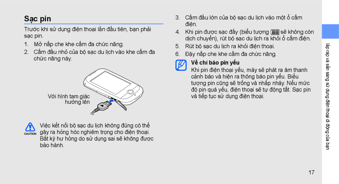 Samsung GT-S3653IKWXEV, GT-S3653CWWXXV, GT-S3653TIWXXV, GT-S3653FOWXEV, GT-S3653CWWXEV manual Sạc pin, Về chỉ báo pin yếu 