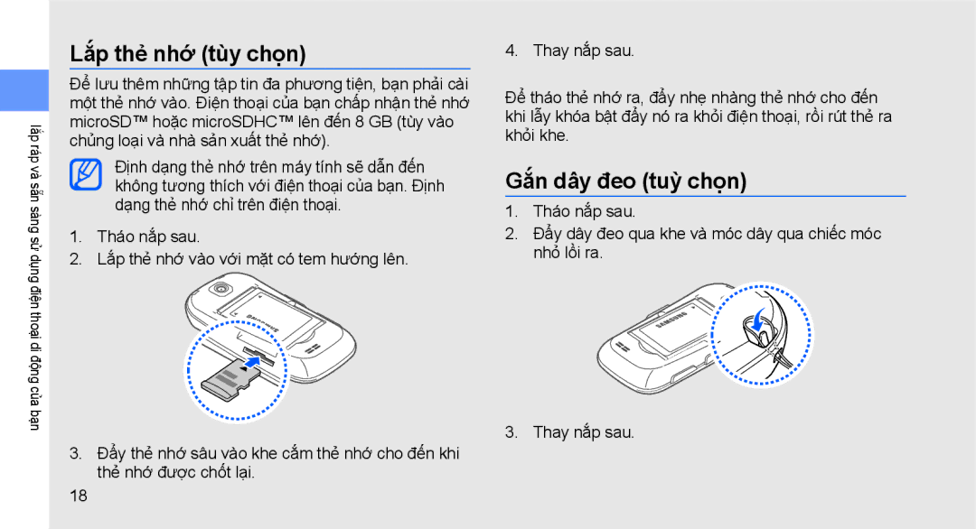 Samsung GT-S3653HBWXEV, GT-S3653CWWXXV, GT-S3653TIWXXV, GT-S3653FOWXEV manual Lăp the nhơ tùy chọn, Gắn dây đeo tuỳ chọn 