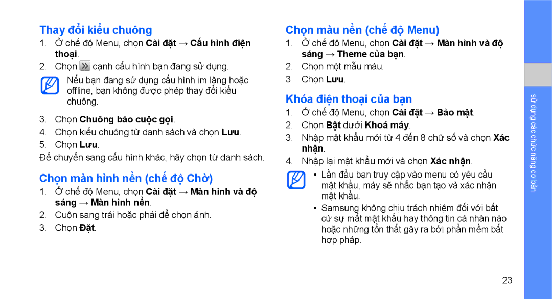 Samsung GT-S3653KKWXXV, GT-S3653CWWXXV manual Thay đổi kiểu chuông, Chọn màn hình nền chế độ Chờ, Chọn màu nền chế độ Menu 