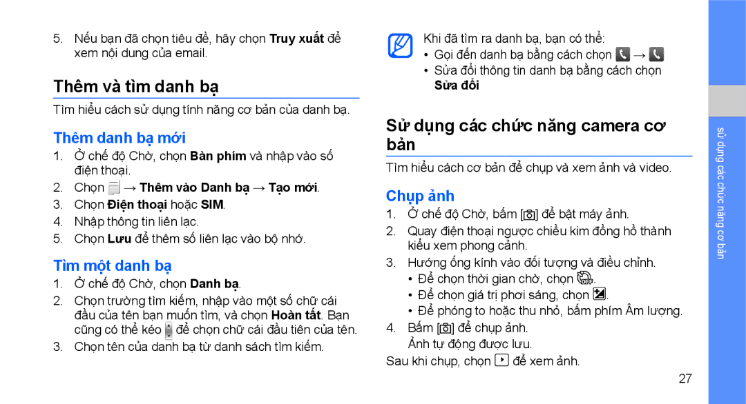 Samsung GT-S3653CWWXXV manual Thêm và tìm danh bạ, Sử dụng các chức năng camera cơ bản, Thêm danh bạ mới, Tìm một danh bạ 
