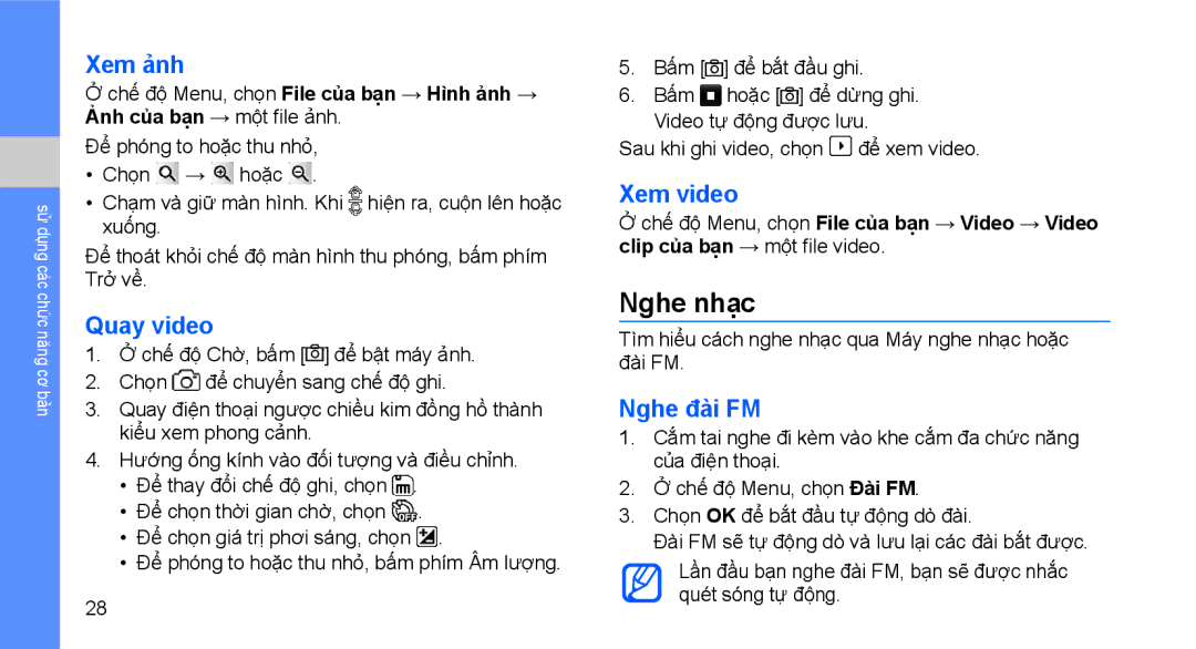 Samsung GT-S3653TIWXXV, GT-S3653CWWXXV, GT-S3653FOWXEV manual Nghe nhạc, Xem ảnh, Quay video, Xem video, Nghe đài FM 