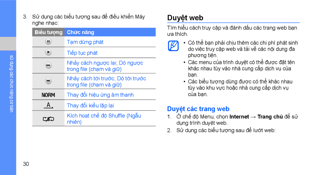 Samsung GT-S3653CWWXEV manual Duyệt web, Duyệt các trang web, Sử dụng các biểu tượng sau để điều khiển Máy nghe nhạc 