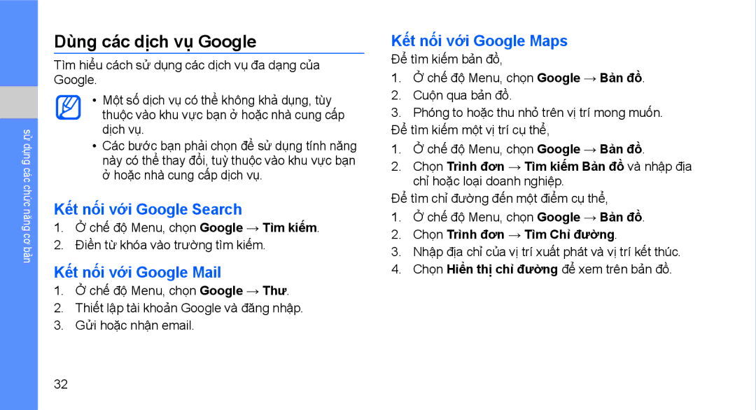 Samsung GT-S3653CYWXXV, GT-S3653CWWXXV manual Dùng các dịch vụ Google, Kết nối với Google Search, Kết nối với Google Mail 