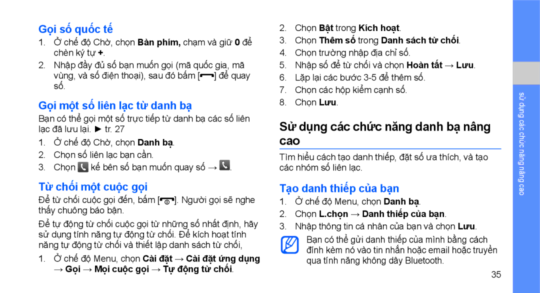Samsung GT-S3653IKWXXV manual Sử dụng các chức năng danh bạ nâng cao, Gọi số quốc tế, Gọi một số liên lạc từ danh bạ 