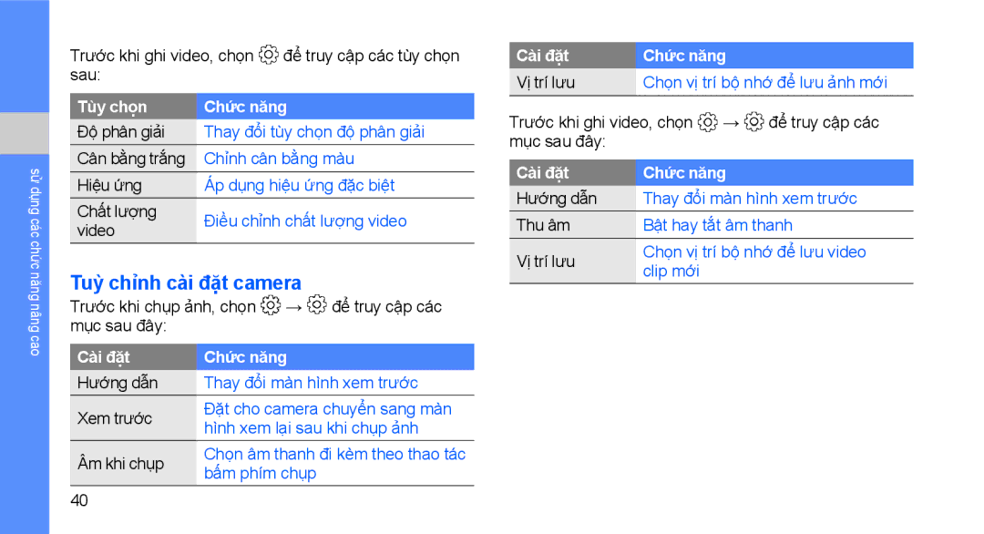 Samsung GT-S3653HBWXXV, GT-S3653CWWXXV, GT-S3653TIWXXV, GT-S3653FOWXEV, GT-S3653CWWXEV manual Tuỳ chỉnh cài đặt camera 