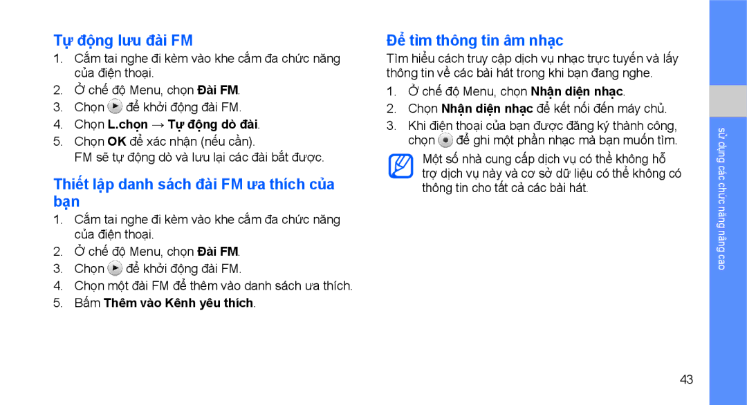Samsung GT-S3653CWWXXV manual Tự động lưu đài FM, Thiết lập danh sách đài FM ưa thích của bạn, Để tìm thông tin âm nhạc 