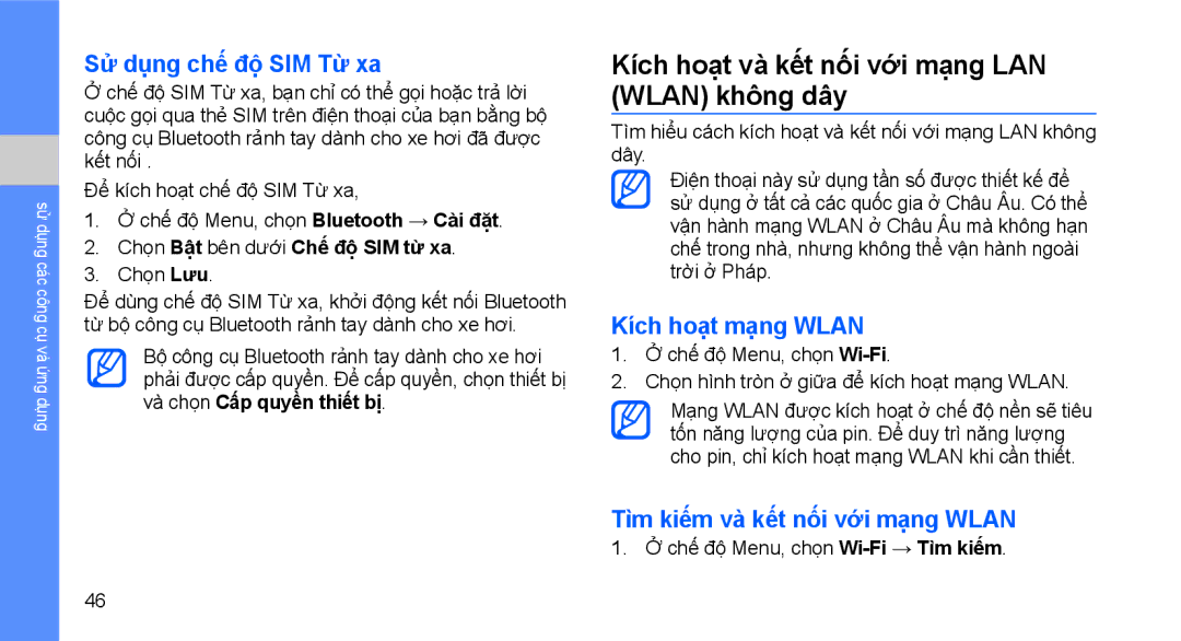 Samsung GT-S3653CWWXEV Kích hoạt và kết nối với mạng LAN Wlan không dây, Sử dụng chế độ SIM Từ xa, Kích hoạt mạng Wlan 